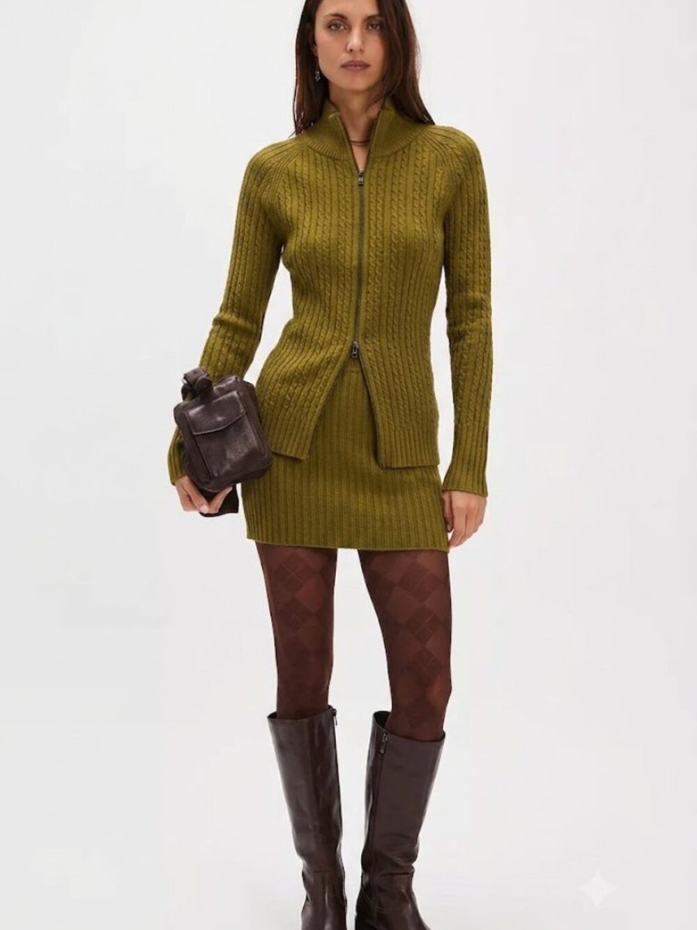Free People Eliza Cable Zip-Up Cardigan &  Miniskirt Set in Cardamon Seed NWT